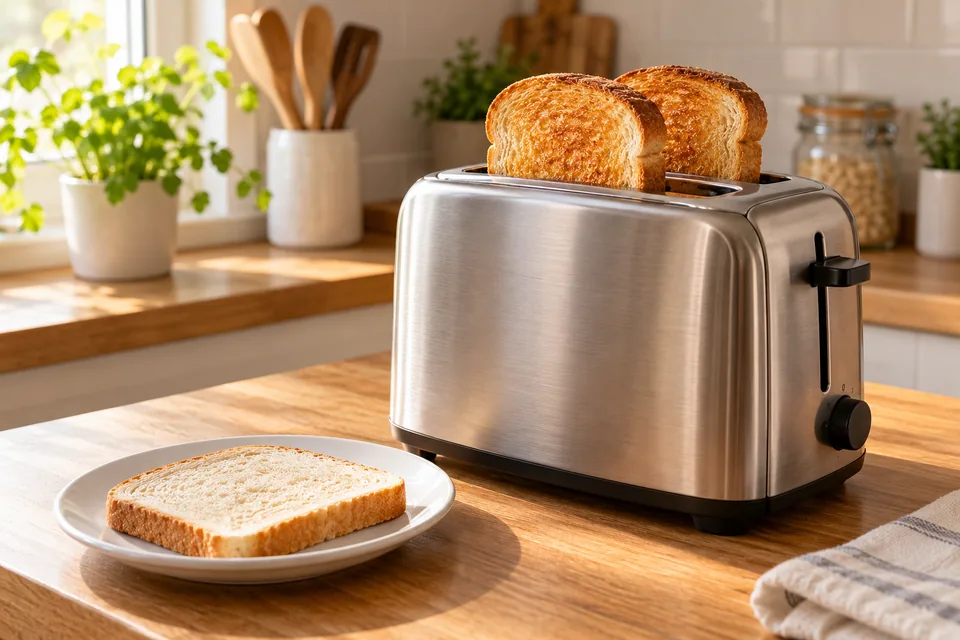 An unbranded toaster holds two golden slices beside a plate of untoasted bread
