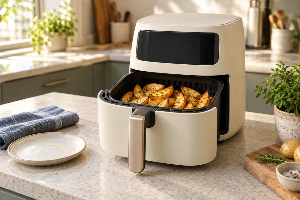 A cream air fryer with its drawer open, showing golden potato wedges in a dark perforated basket