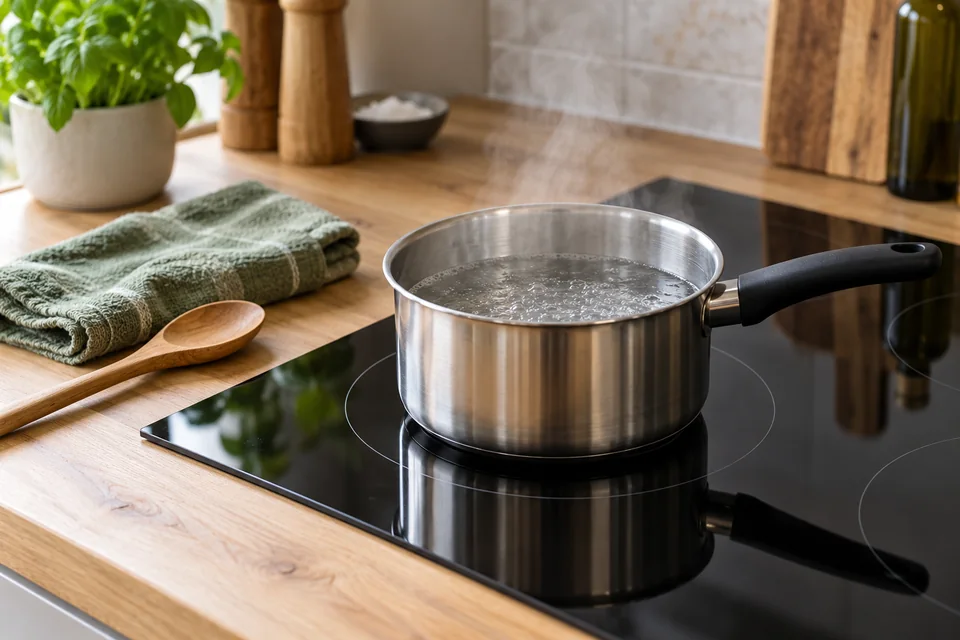 A stainless-steel saucepan of simmering water sits on a black glass induction hob in a sunlit kitchen