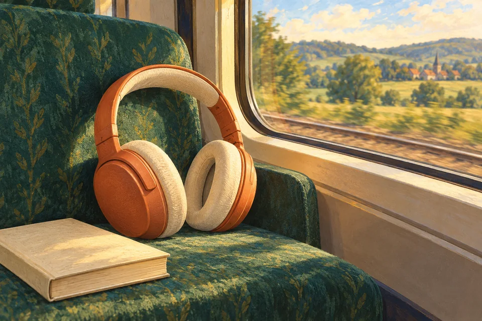 Terracotta headphones with cream cushions on a green train seat beside a countryside window