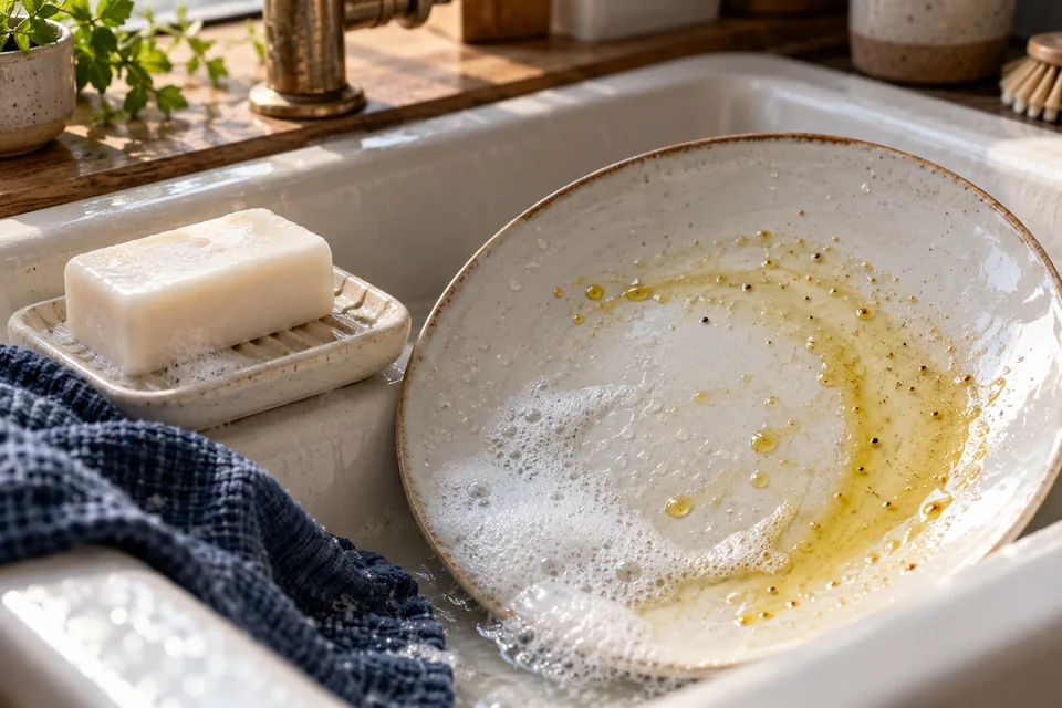 An unbranded soap bar beside a ceramic plate with a thin oily film, water droplets and a few suds in a kitchen sink