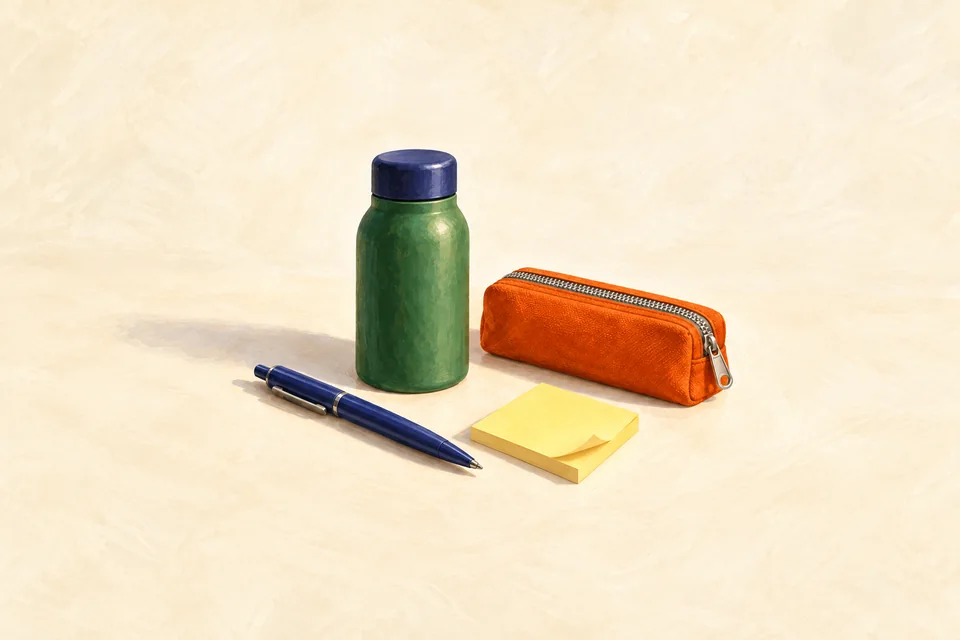 A green insulated flask, indigo ballpoint pen, yellow sticky notes and an orange zipped pencil case on an ivory table