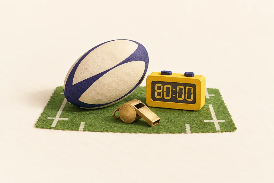 An oval cream-and-indigo rugby ball, a yellow clock showing 80:00 and a brass whistle on a small green pitch