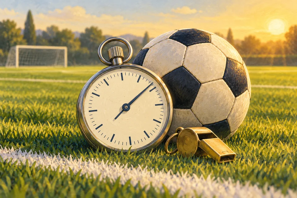 An analogue stopwatch, football and brass-coloured whistle beside the touchline of a sunlit pitch
