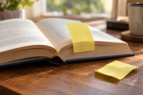A yellow sticky note marking a page in an open book, with a second curled note on the desk