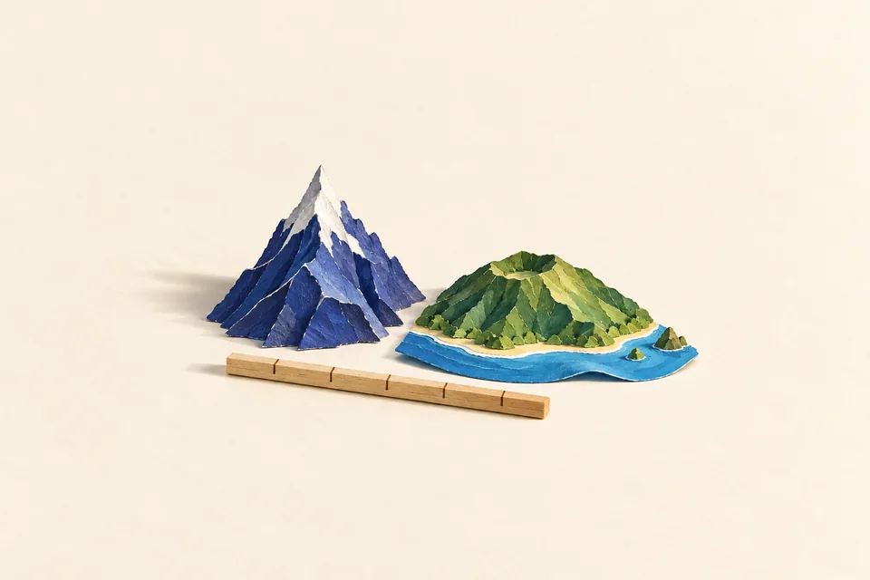 An indigo paper mountain and a green volcanic island beside a wooden measuring stick on an ivory desk