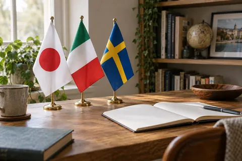 Table flags of Japan, Italy and Sweden beside a notebook