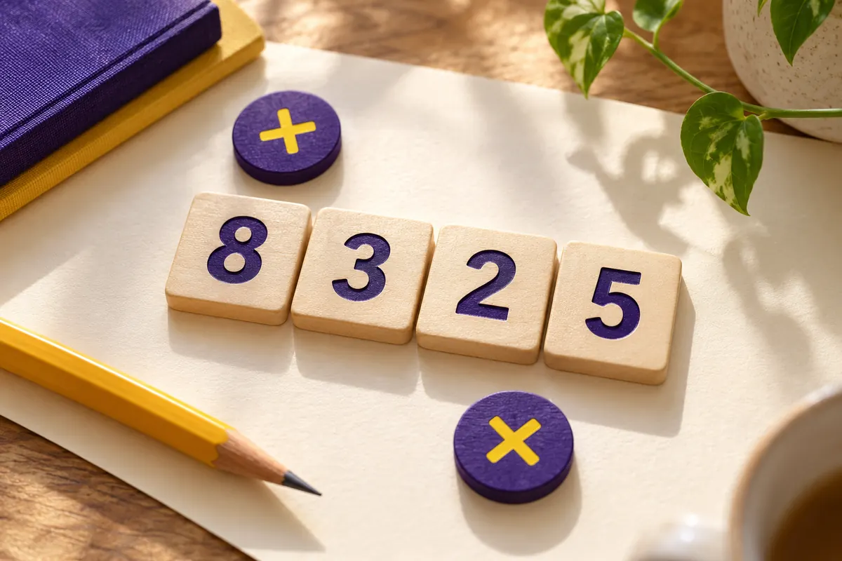 Four wooden number tiles and purple operation chips on a warm paper surface