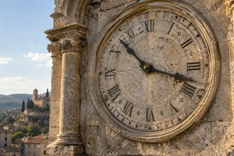 A stone clock face with Roman numerals
