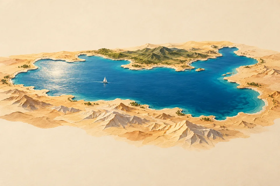 A conceptual blue lake enclosed by sandy terrain and green hills, with a tiny white sailboat