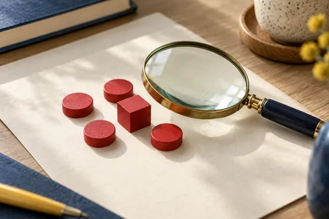 A magnifying glass beside red wooden circles and a square