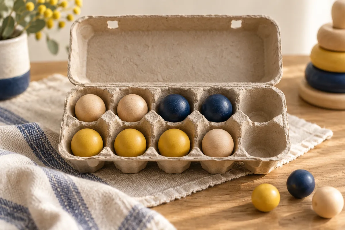 An egg carton holding wooden balls, with loose balls beside it