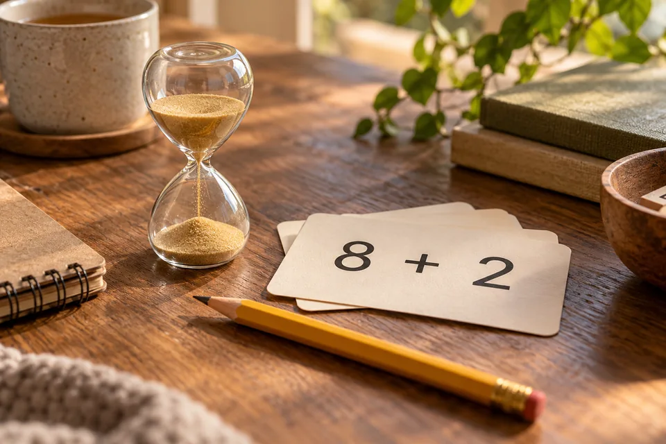 A small sand timer beside arithmetic number cards and a pencil on a warm desk
