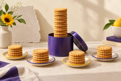 Four small groups of biscuits beside a much taller stack in a purple tin, illustrating an unusually large value