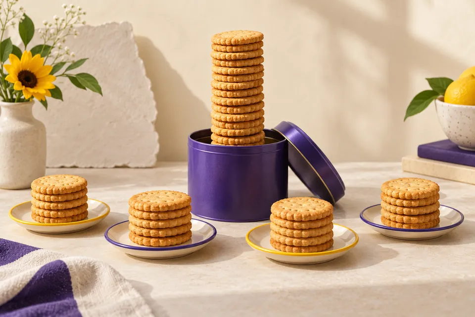 Four small groups of biscuits beside a much taller stack in a purple tin, illustrating an unusually large value