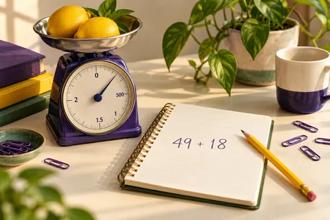 A notebook with 49 plus 18 beside a yellow pencil and a purple kitchen scale