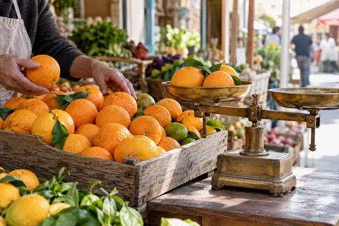 Oranges and a balance scale at a market