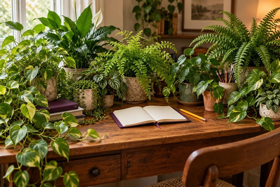 An open notebook and yellow pencil on a wooden desk crowded with potted green plants