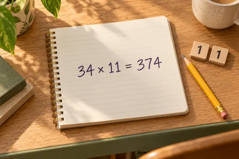 A notebook showing 34 times 11 equals 374 beside a pencil and number tiles