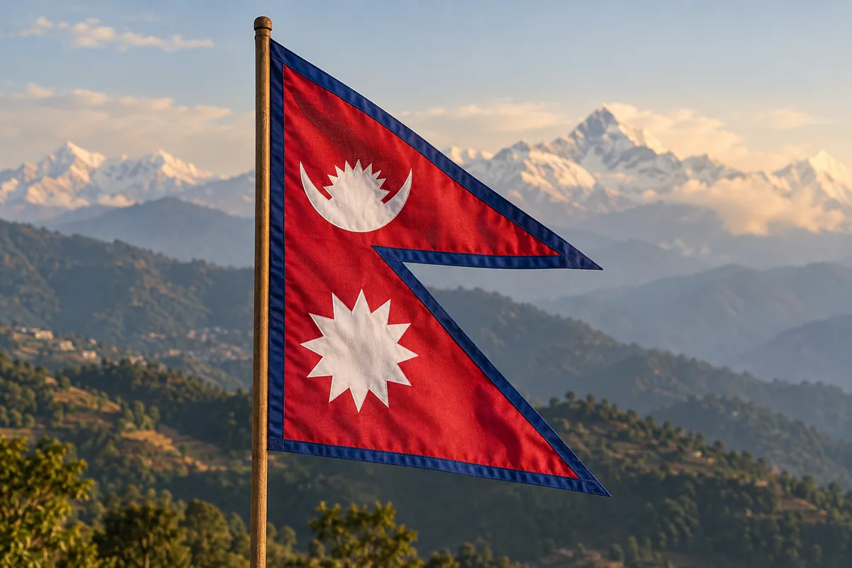 Nepal’s crimson double-pennant flag with a blue border, moon and sun against a mountain landscape