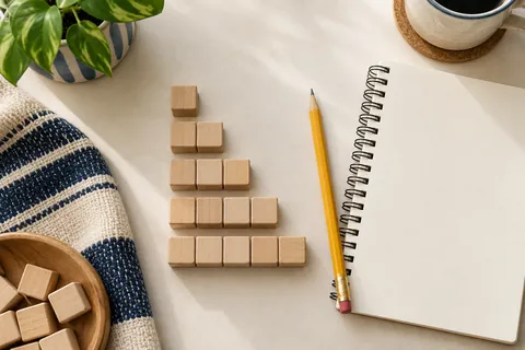 Wooden blocks arranged in growing rows beside a notebook
