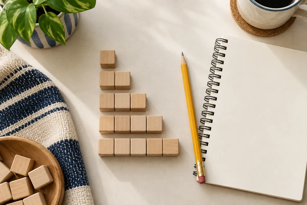 Wooden blocks arranged in growing rows beside a notebook