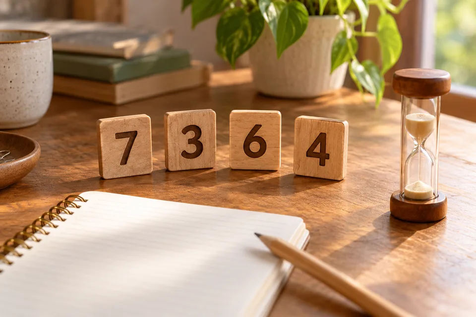 Four wooden number tiles beside a notebook and a small unmarked sand timer