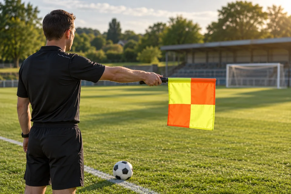 An assistant referee holding a yellow-and-orange checked flag beside a quiet football pitch