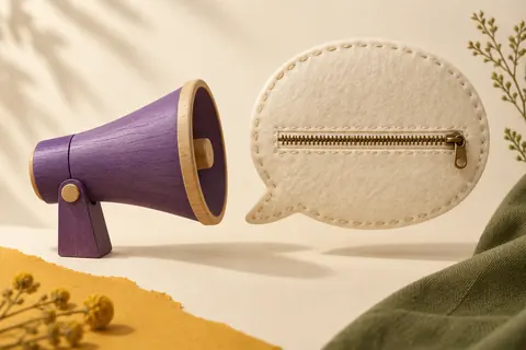 Purple wooden megaphone beside an ivory felt speech bubble with a closed zipper, a playful image of deafening silence