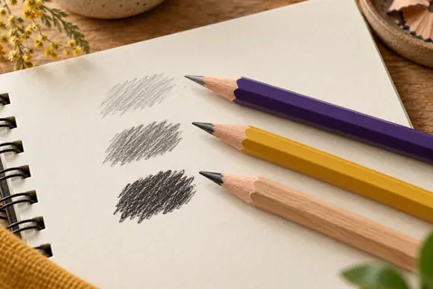 Three sharpened wooden graphite pencils beside light, medium and dark graphite swatches on cream paper