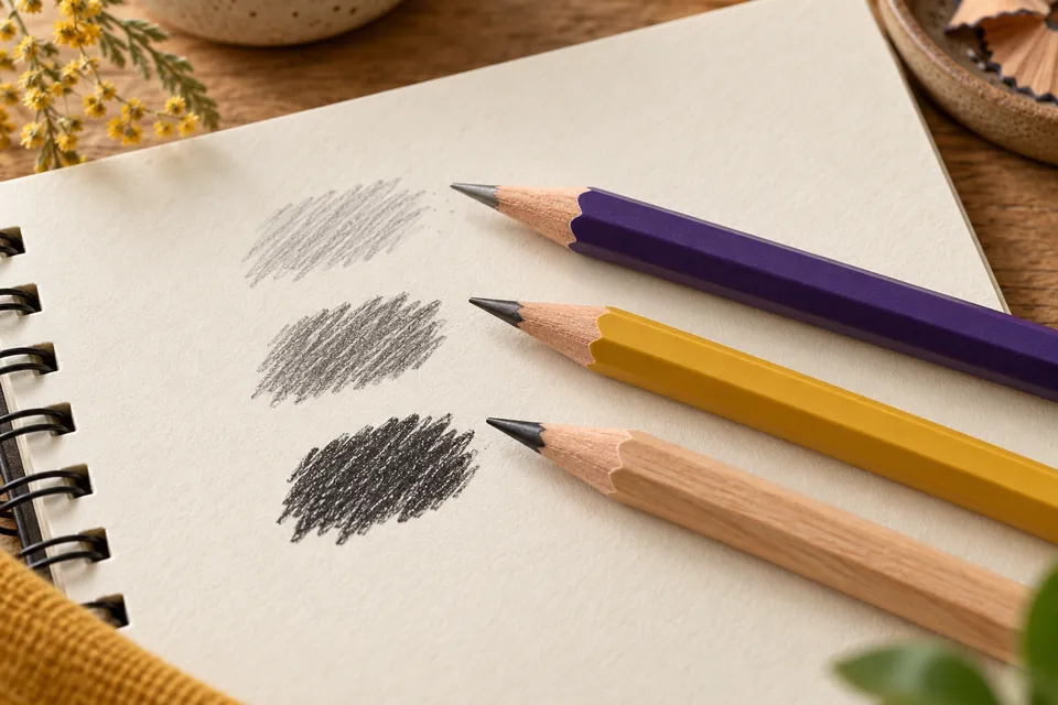 Three sharpened wooden graphite pencils beside light, medium and dark graphite swatches on cream paper