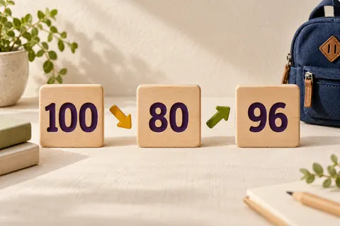 Wooden number blocks 100, 80 and 96 with a downward then upward arrow, illustrating two changes with different bases