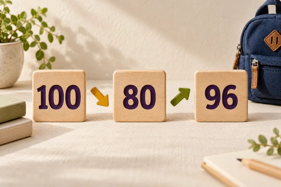 Wooden number blocks 100, 80 and 96 with a downward then upward arrow, illustrating two changes with different bases