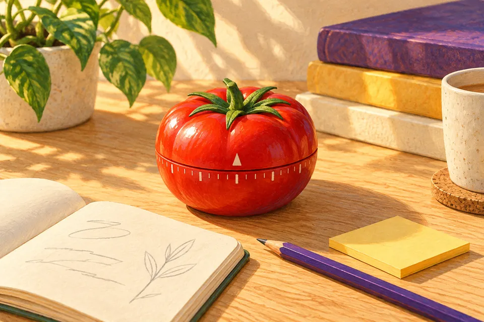 A red tomato-shaped kitchen timer sits beside an open notebook, a violet pencil and a yellow sticky note
