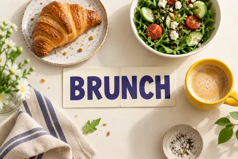A brunch table with a croissant, salad and a paper card spelling BRUNCH