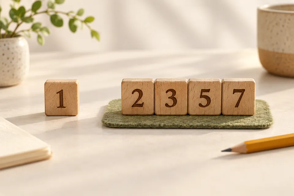 Wooden number tile 1 separated from a group of tiles showing the prime numbers 2, 3, 5 and 7