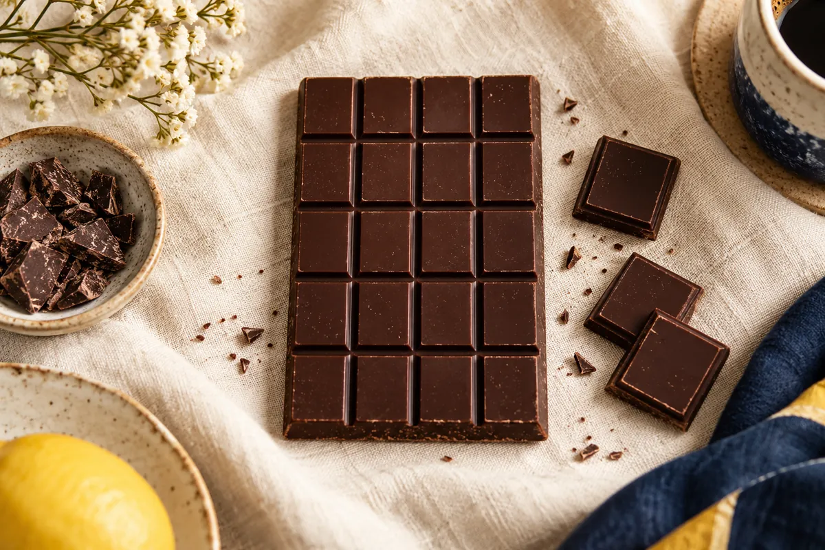 A segmented chocolate bar with a few squares set beside it