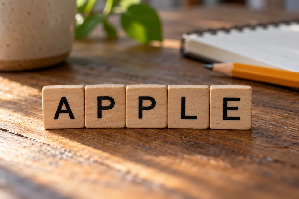 Five wooden tiles spelling APPLE, with two P tiles side by side on a desk