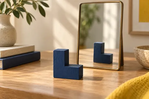 A navy L-shaped wooden piece beside a mirror
