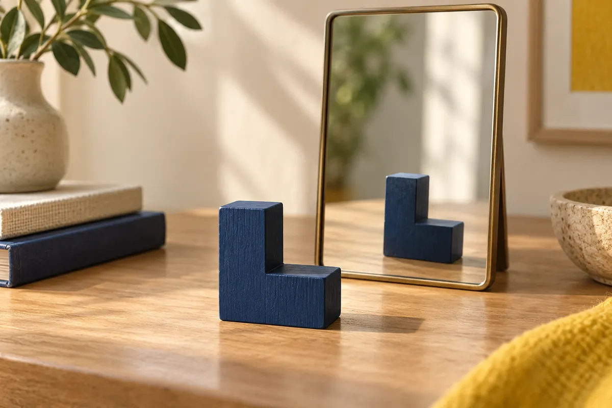 A navy L-shaped wooden piece beside a mirror