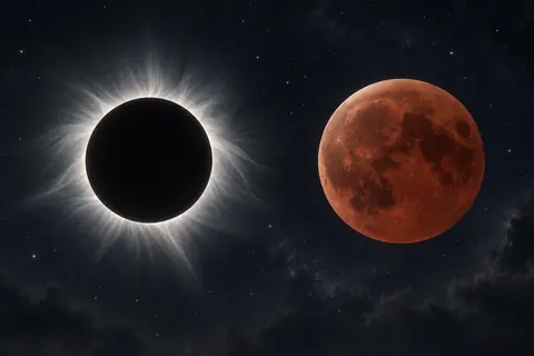 Conceptual comparison of a solar eclipse with a white corona and a reddish eclipsed Moon