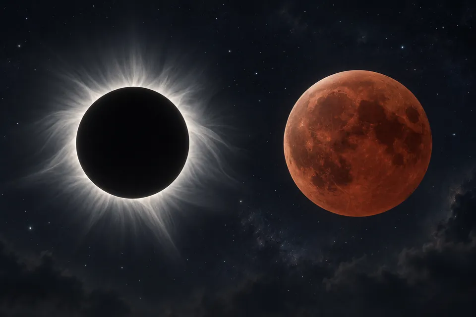 Conceptual comparison of a solar eclipse with a white corona and a reddish eclipsed Moon