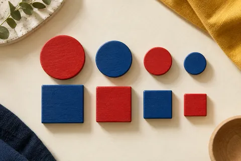 Red and blue wooden circles and squares on cream paper