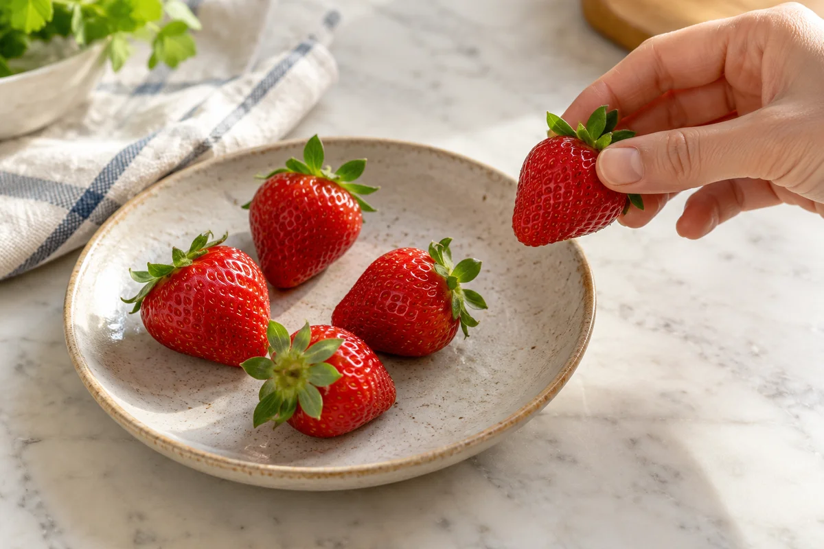 A hand lifting a strawberry from a plate