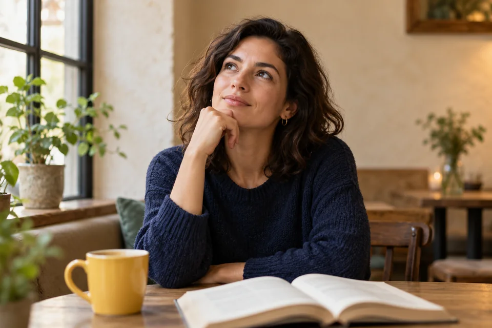 A thoughtful woman in a navy jumper rests her chin on one hand beside an open book and yellow cup in a sunlit café