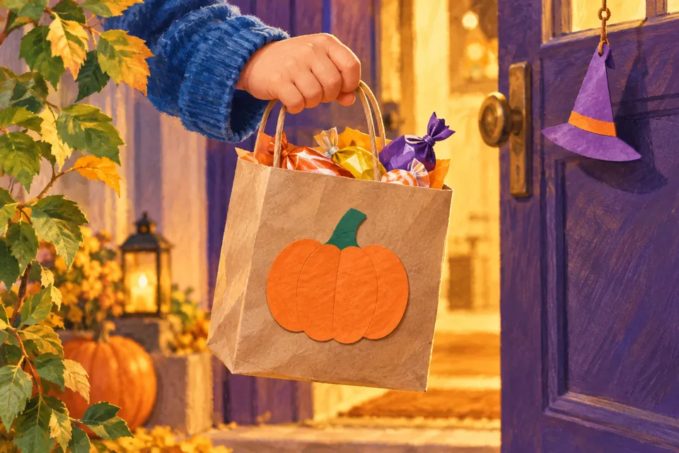 A child holds a paper treat bag with an orange pumpkin shape at a warmly lit doorway