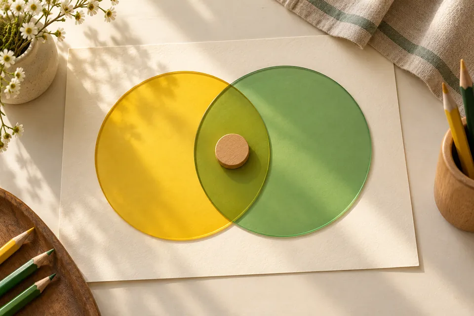 Overlapping yellow and green circles with one wooden token in their shared centre
