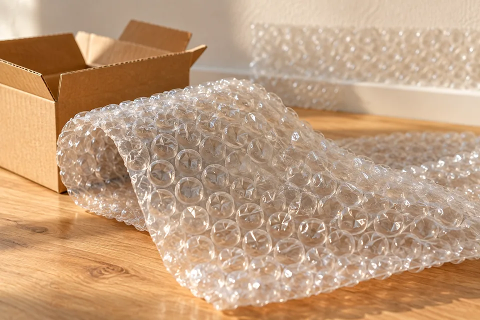 Clear bubble wrap curled beside an open cardboard box, with a strip resting against a wall
