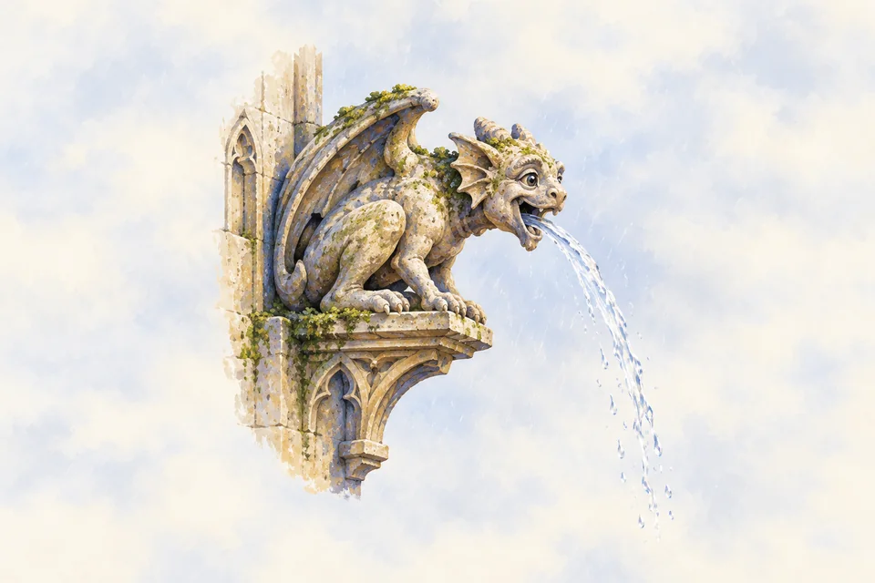 An imaginary stone creature on a Gothic ledge pours rainwater from its open mouth away from the wall