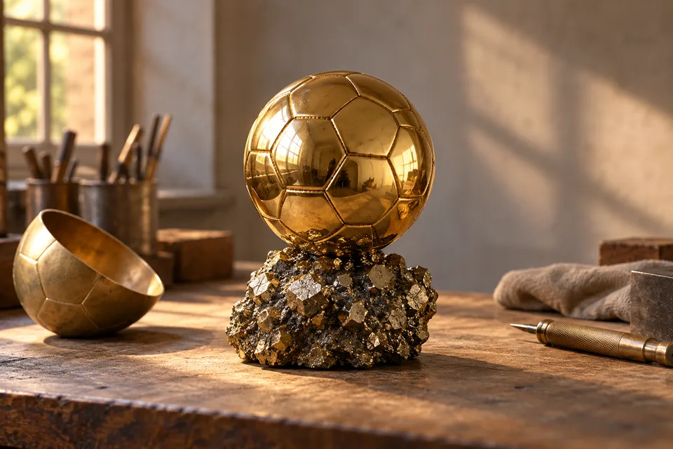 An imagined gold-coloured football trophy on a stone base beside an unfinished brass hemisphere.